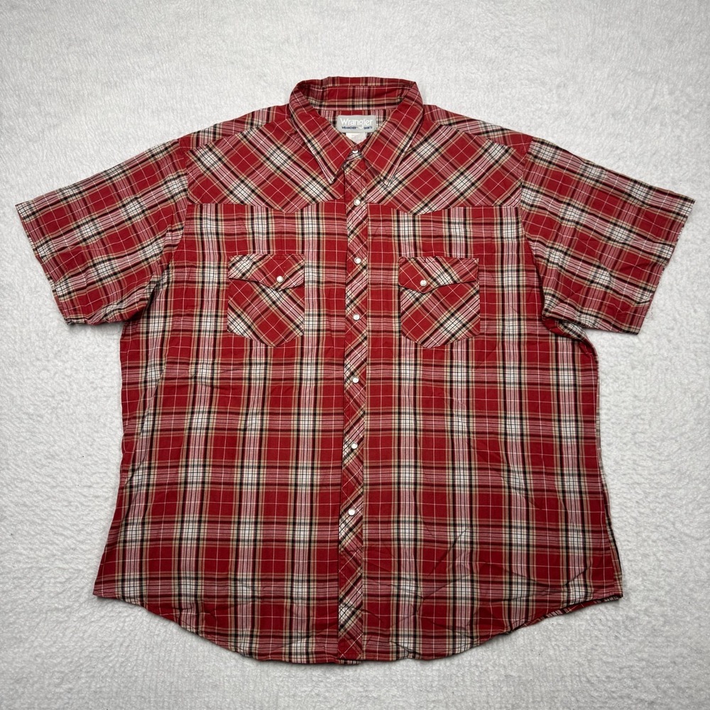 Wrangler Western Shirt Plaid Short Sleeve Pearl Snap Red Men's Size 2XL